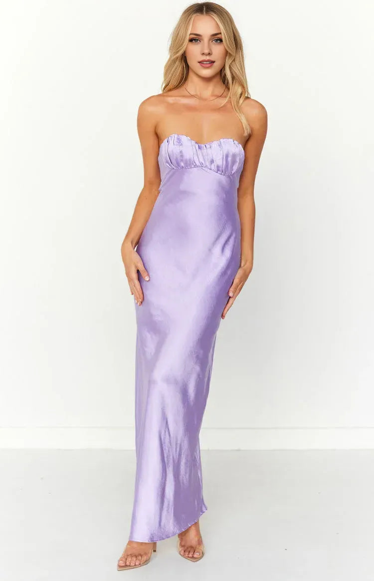 Strapless Sleeveless Satin Trendy Ankle-Length Prom Party Dresses Backless Pleats Hot Sale Long Evening Dresses No Slit